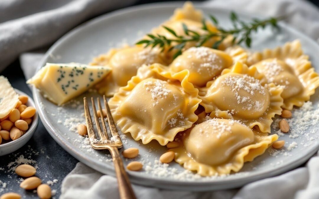 Receta:Tortelli de Taleggio y Peras con Pesto de Nueces y Tomillo.